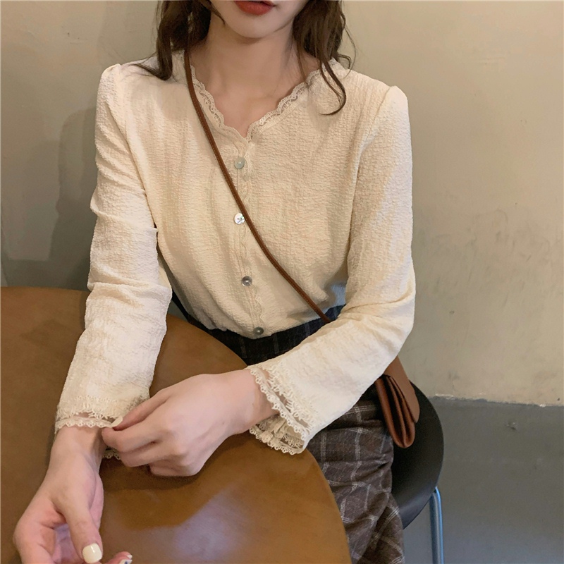 Lace sweet Korean style tops V-neck long sleeve shirt