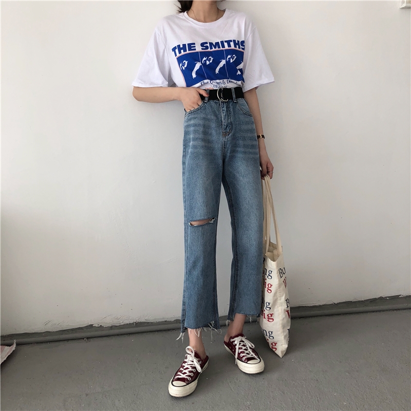 Washed high waist split jeans straight all-match trousers