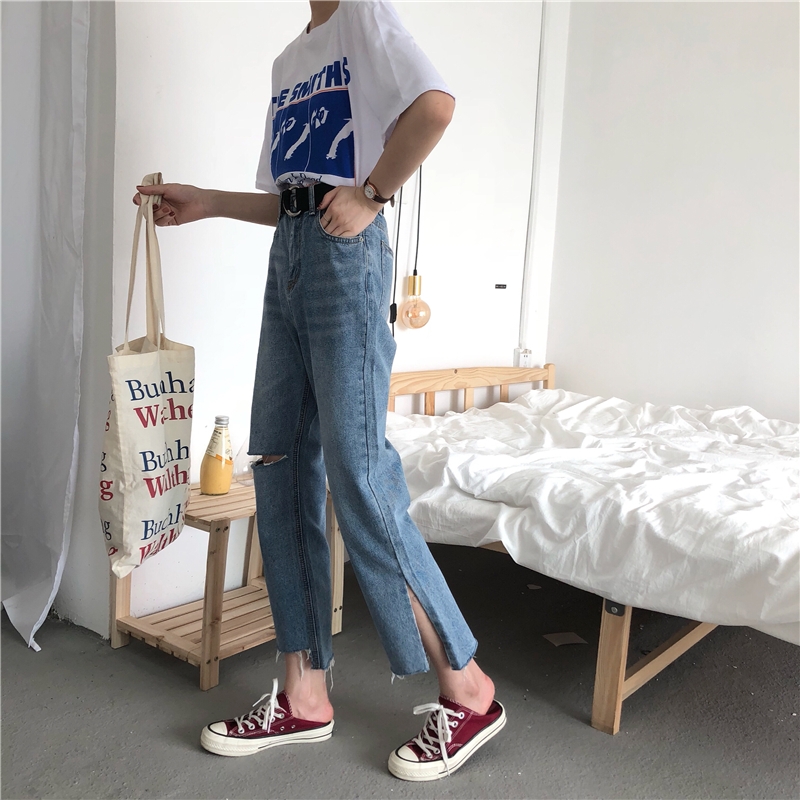 Washed high waist split jeans straight all-match trousers