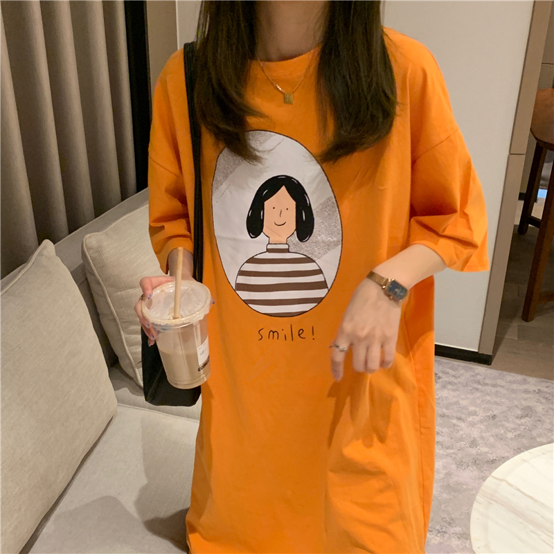 Short sleeve long lazy T-shirt printing loose dress for women