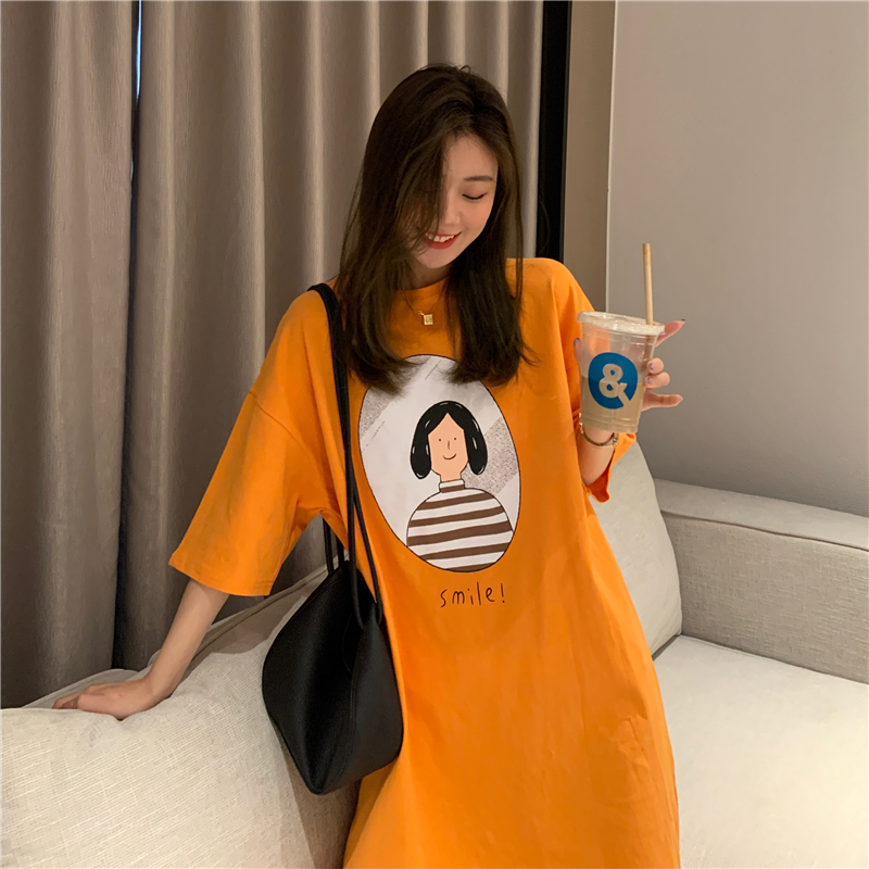 Short sleeve long lazy T-shirt printing loose dress for women