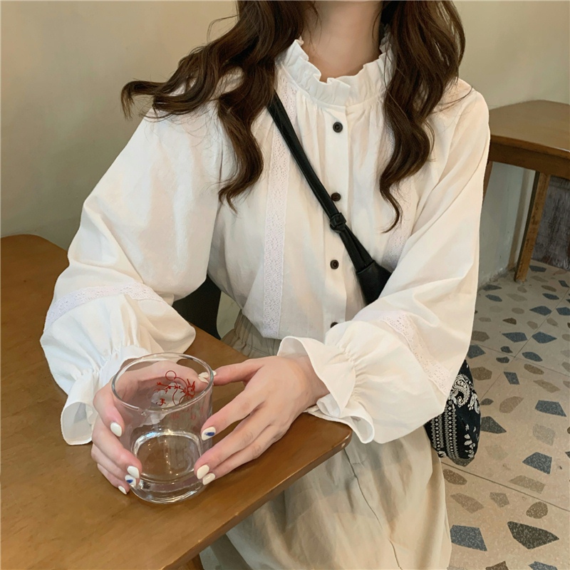 Retro spring lantern sleeve cstand collar white shirt
