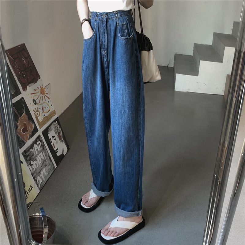 All-match wide leg retro long pants lazy high waist jeans