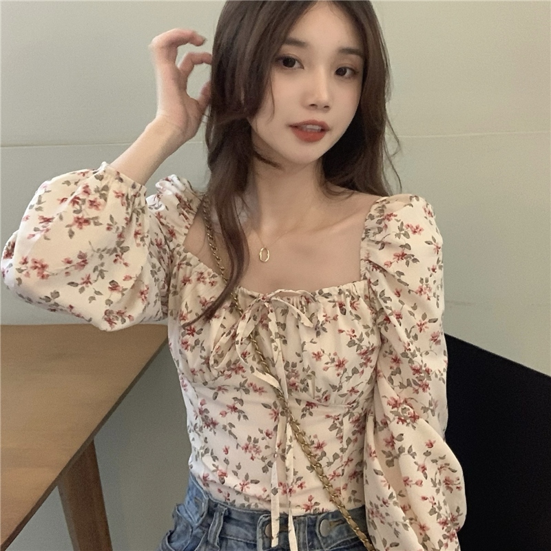 Spring unique floral shirt long sleeve France style tops