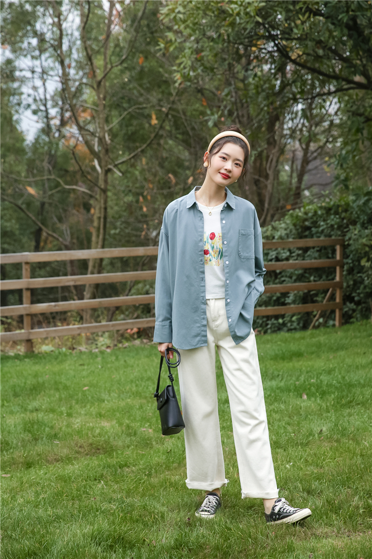 Pocket spring all-match long sleeve Korean style shirt