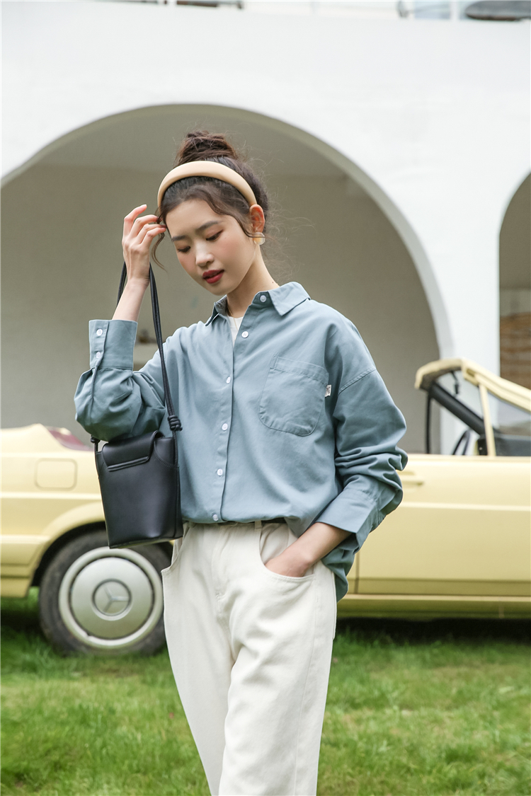 Pocket spring all-match long sleeve Korean style shirt