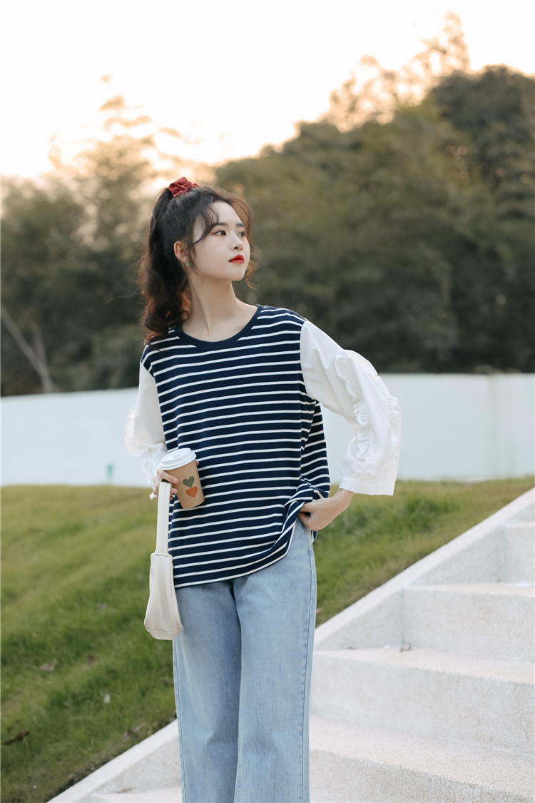 Splice stripe T-shirt puff sleeve hoodie for women