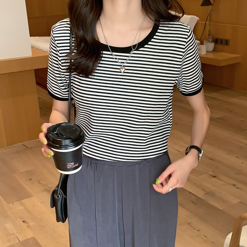 Pure cotton all-match tops summer stripe T-shirt for women