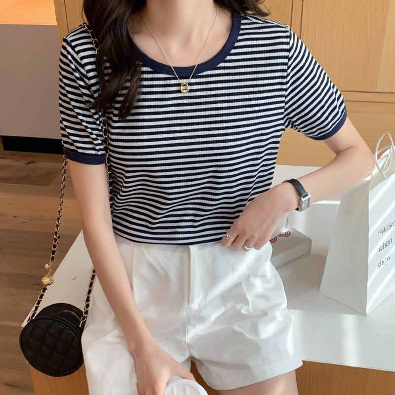 Pure cotton all-match tops summer stripe T-shirt for women