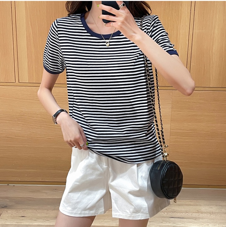Pure cotton all-match tops summer stripe T-shirt for women