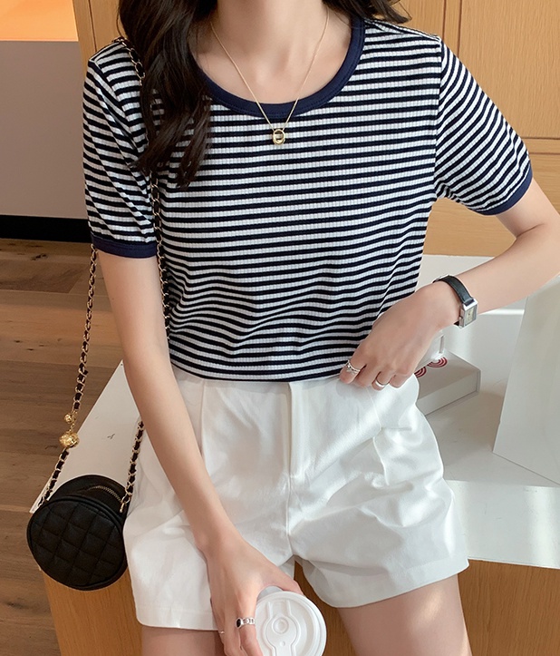 Pure cotton all-match tops summer stripe T-shirt for women