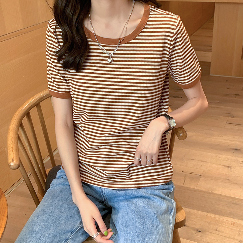 Pure cotton all-match tops summer stripe T-shirt for women