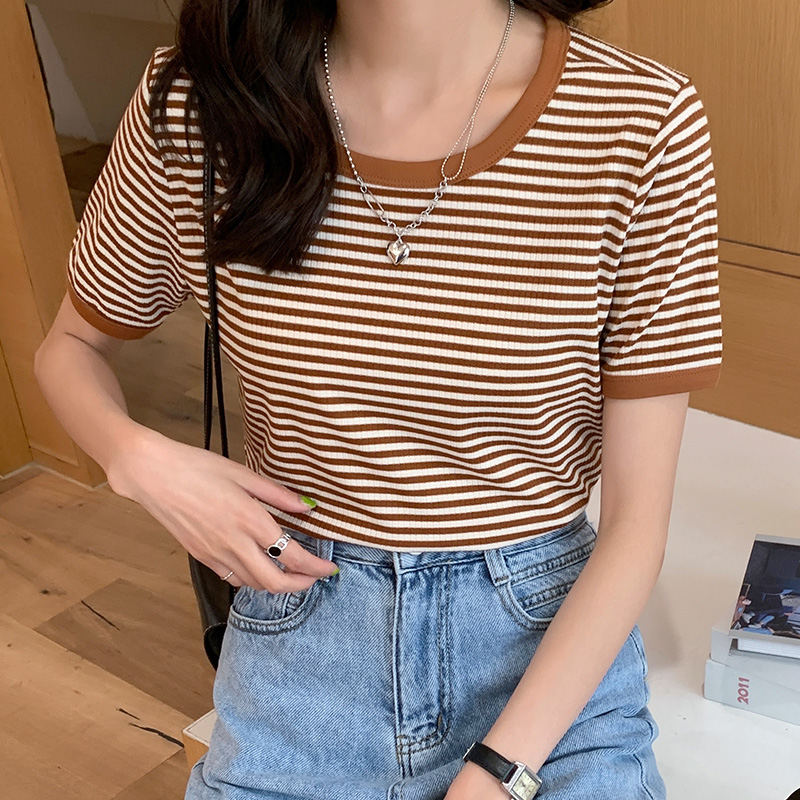 Pure cotton all-match tops summer stripe T-shirt for women