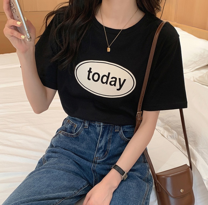 Summer loose pure cotton tops round neck printing T-shirt