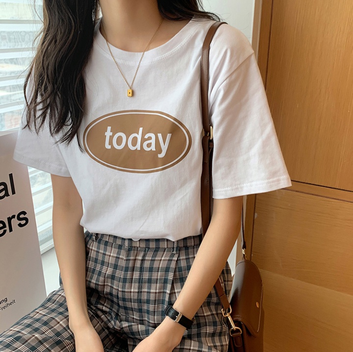 Summer loose pure cotton tops round neck printing T-shirt