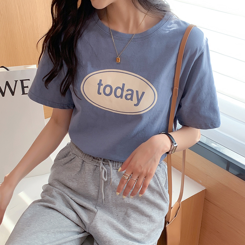 Summer loose pure cotton tops round neck printing T-shirt