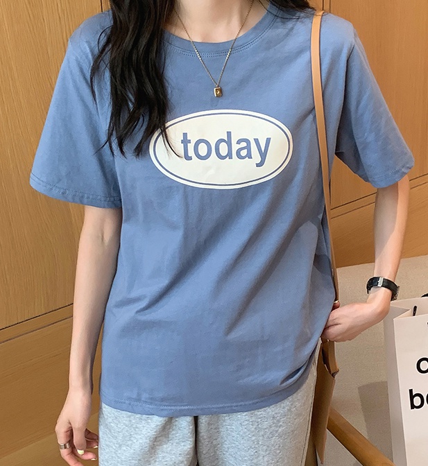 Summer loose pure cotton tops round neck printing T-shirt