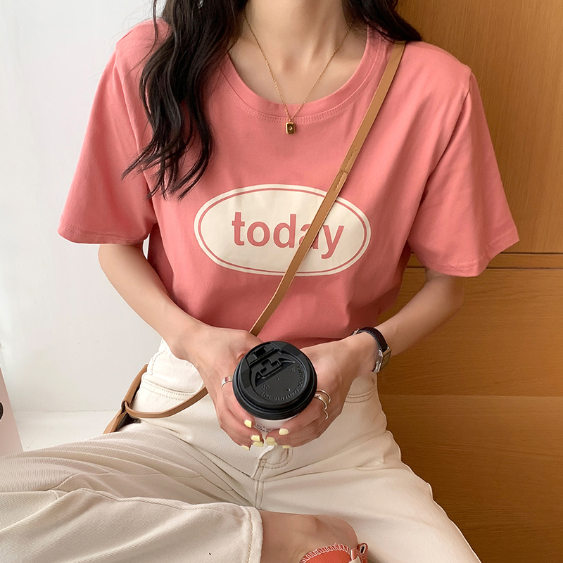 Summer loose pure cotton tops round neck printing T-shirt