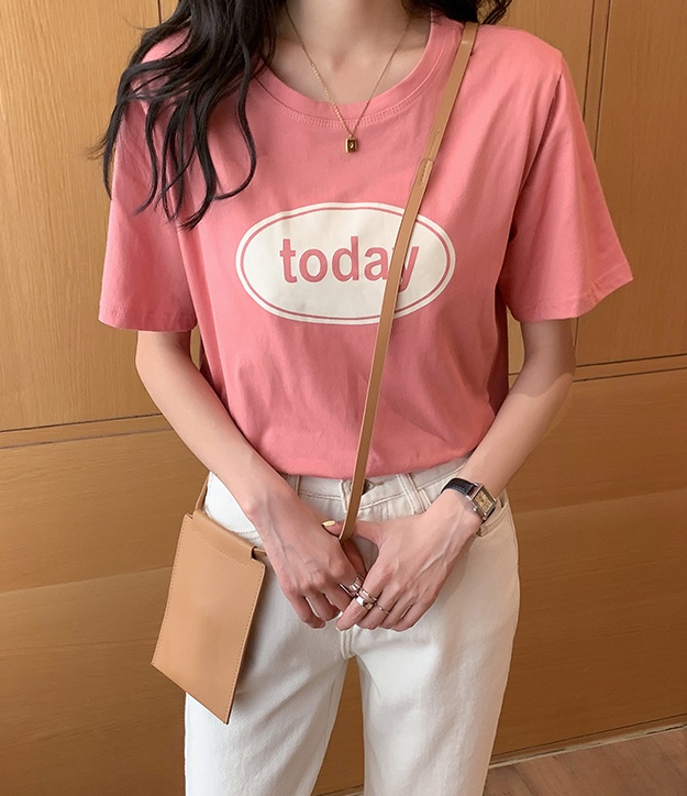 Summer loose pure cotton tops round neck printing T-shirt