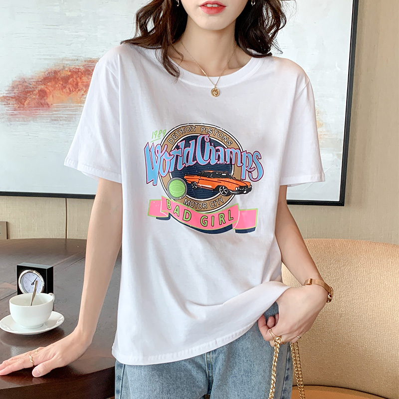 White simple tops Western style loose T-shirt for women