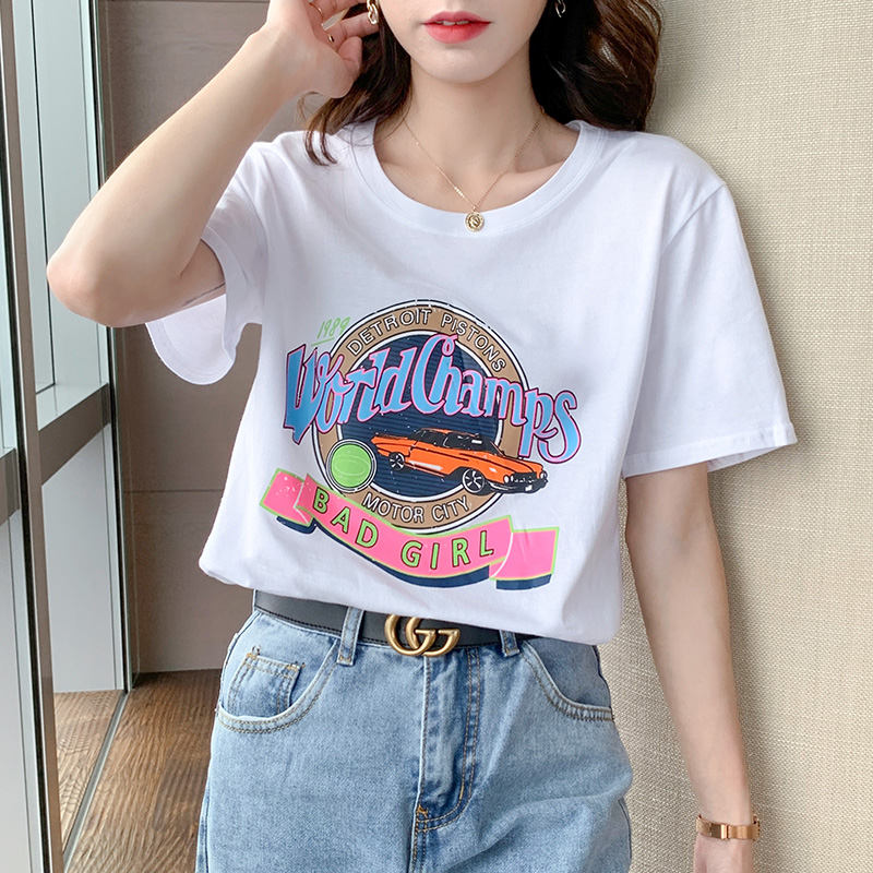 White simple tops Western style loose T-shirt for women