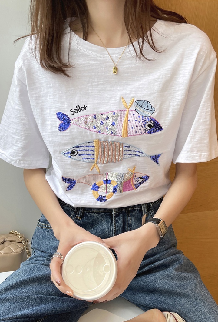 Goldfish loose white tops Western style cotton T-shirt for women