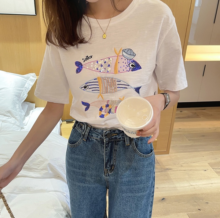 Goldfish loose white tops Western style cotton T-shirt for women