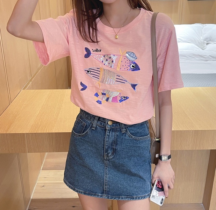 Goldfish loose white tops Western style cotton T-shirt for women