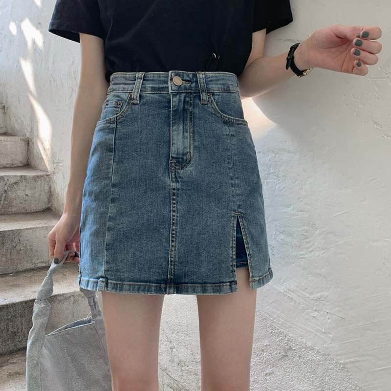 Slim high waist all-match skirt retro denim slit culottes