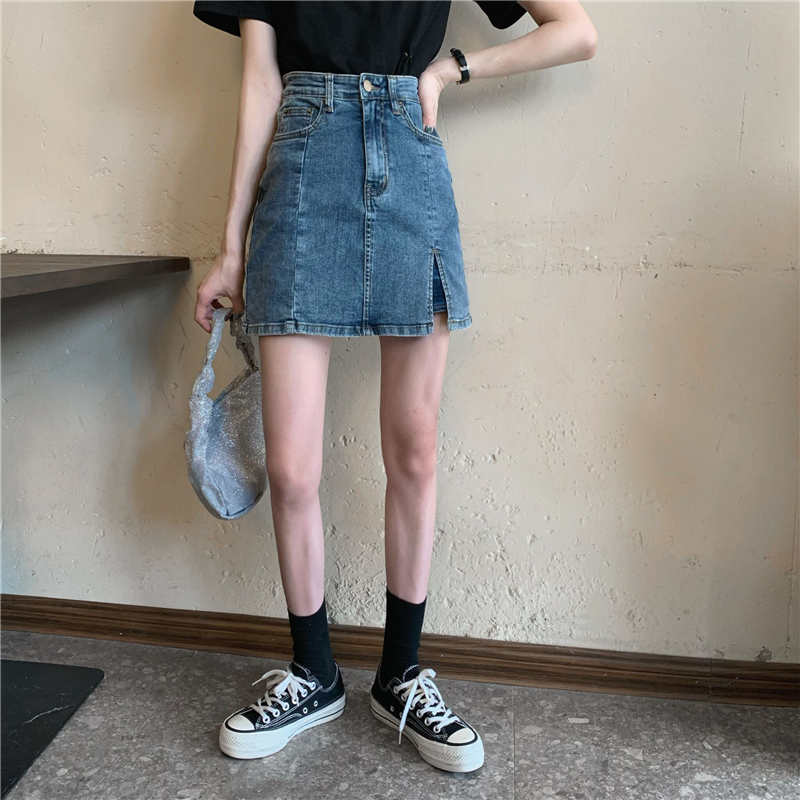 Slim high waist all-match skirt retro denim slit culottes