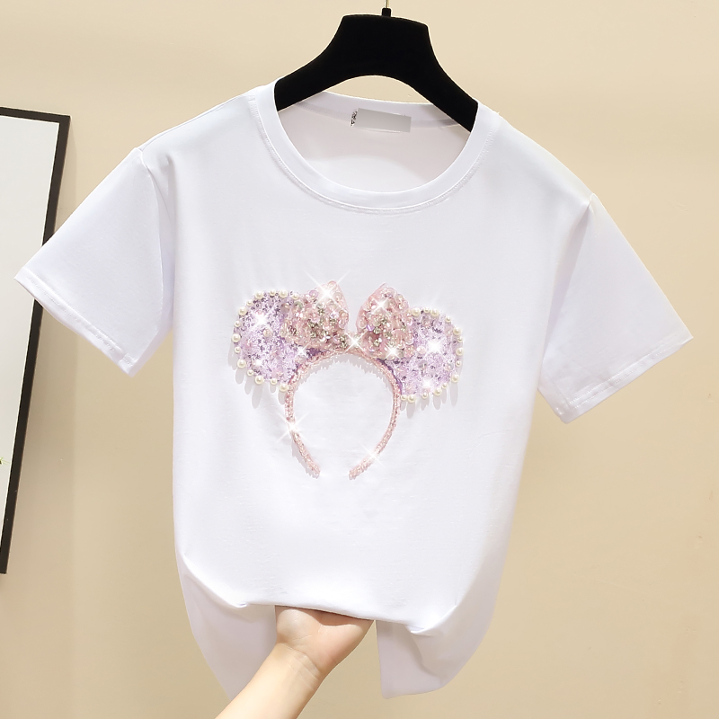 Beading white tops loose pure cotton T-shirt for women