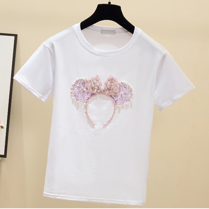 Beading white tops loose pure cotton T-shirt for women