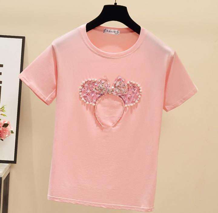 Beading white tops loose pure cotton T-shirt for women