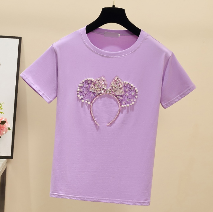 Beading white tops loose pure cotton T-shirt for women