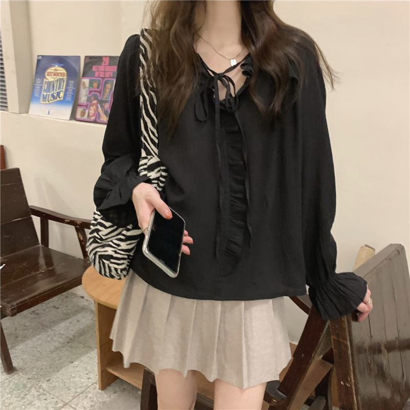 Lace loose trumpet sleeves tops long sleeve temperament shirt