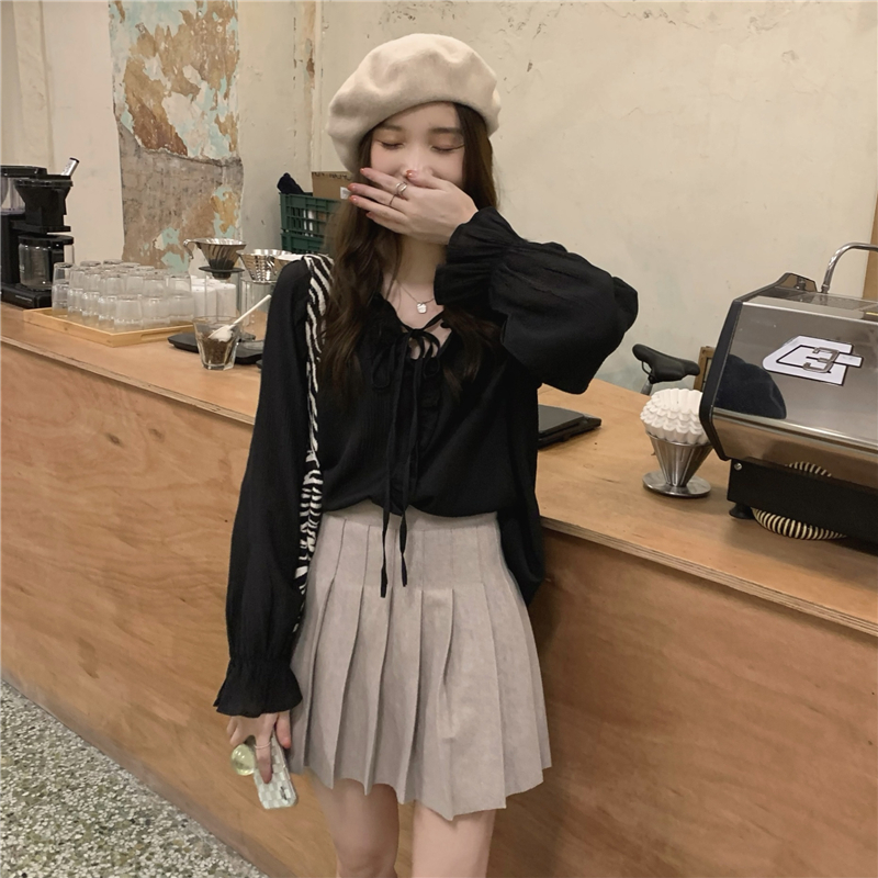 Lace loose trumpet sleeves tops long sleeve temperament shirt