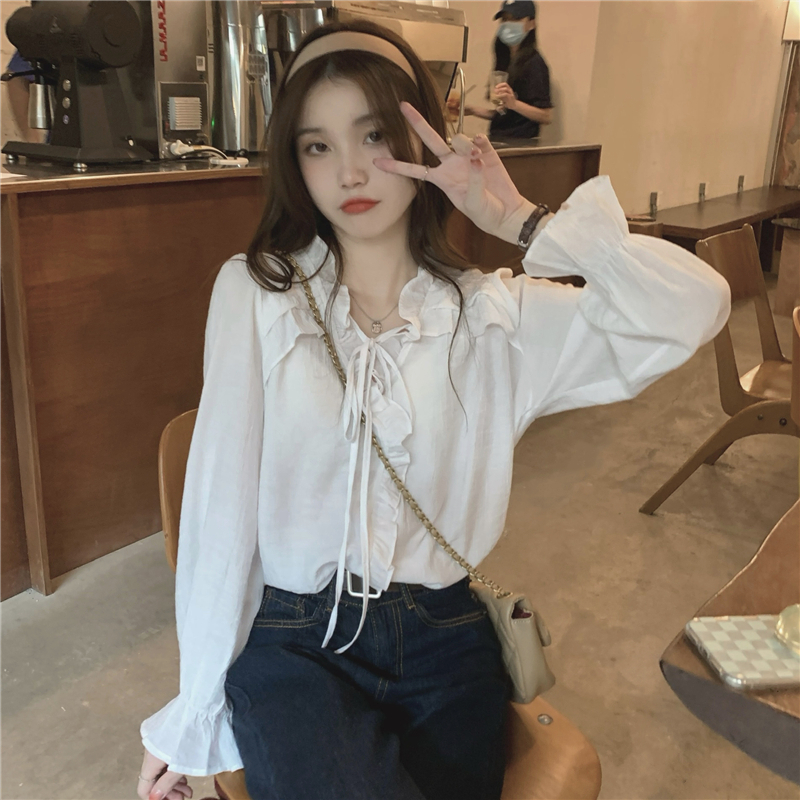 Lace loose trumpet sleeves tops long sleeve temperament shirt