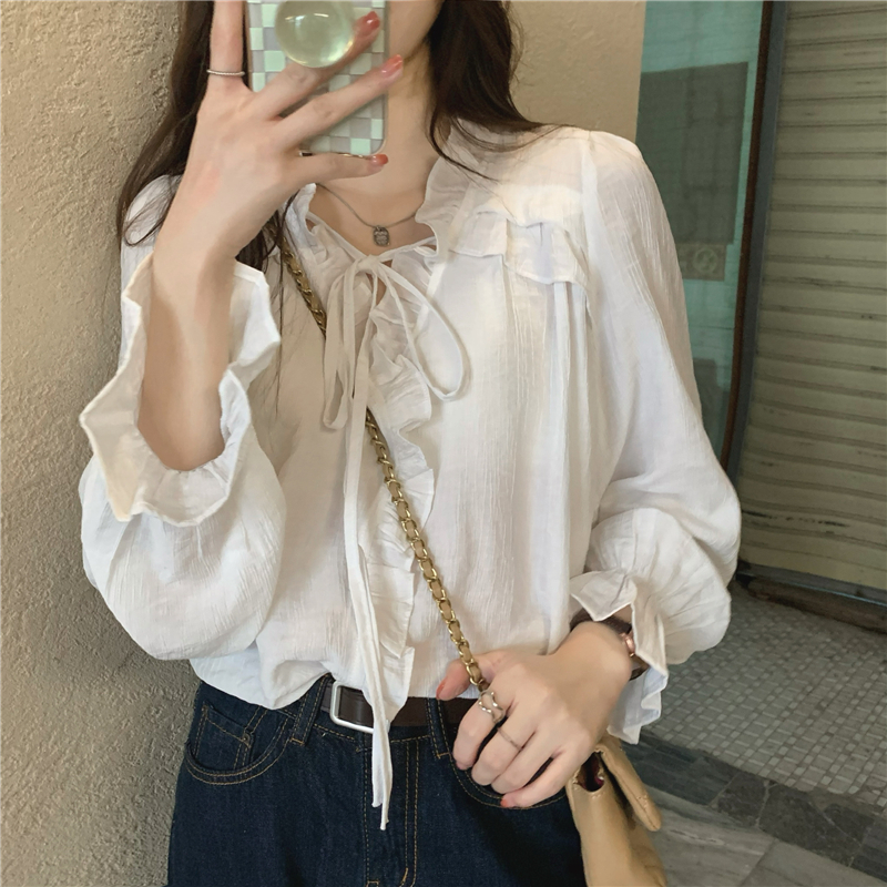 Lace loose trumpet sleeves tops long sleeve temperament shirt