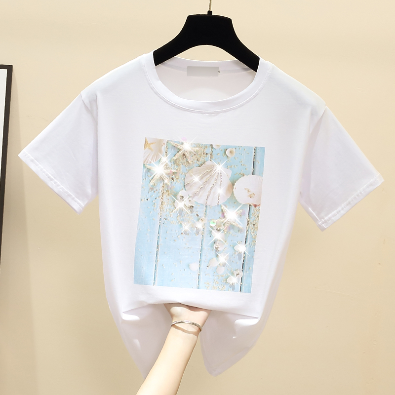 Pure cotton summer tops printing beading T-shirt for women