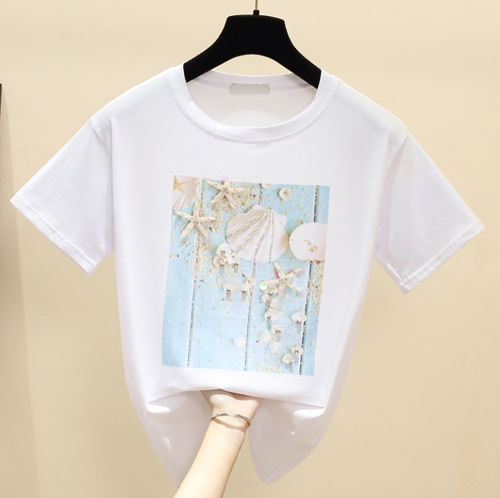 Pure cotton summer tops printing beading T-shirt for women