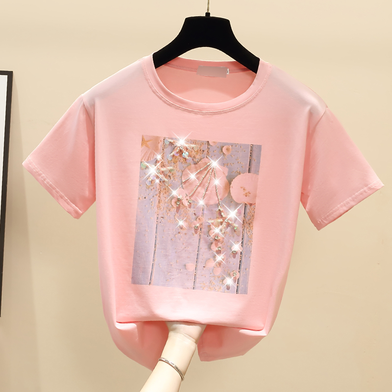 Pure cotton summer tops printing beading T-shirt for women