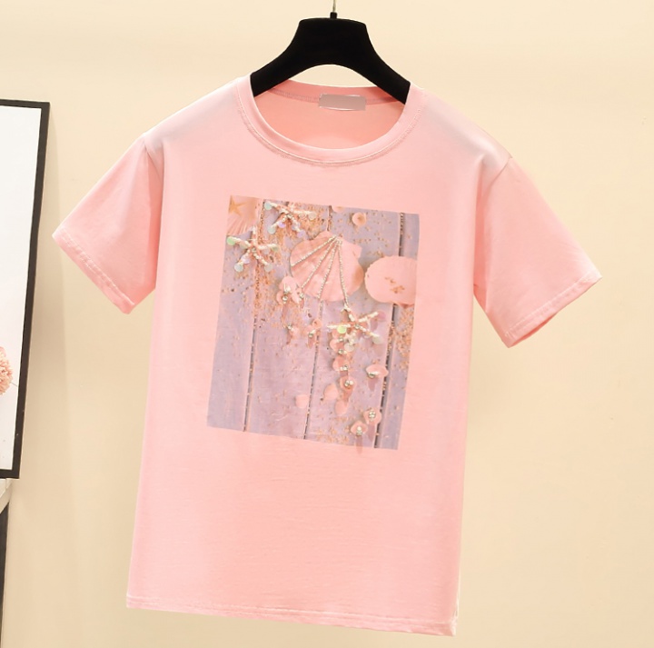 Pure cotton summer tops printing beading T-shirt for women