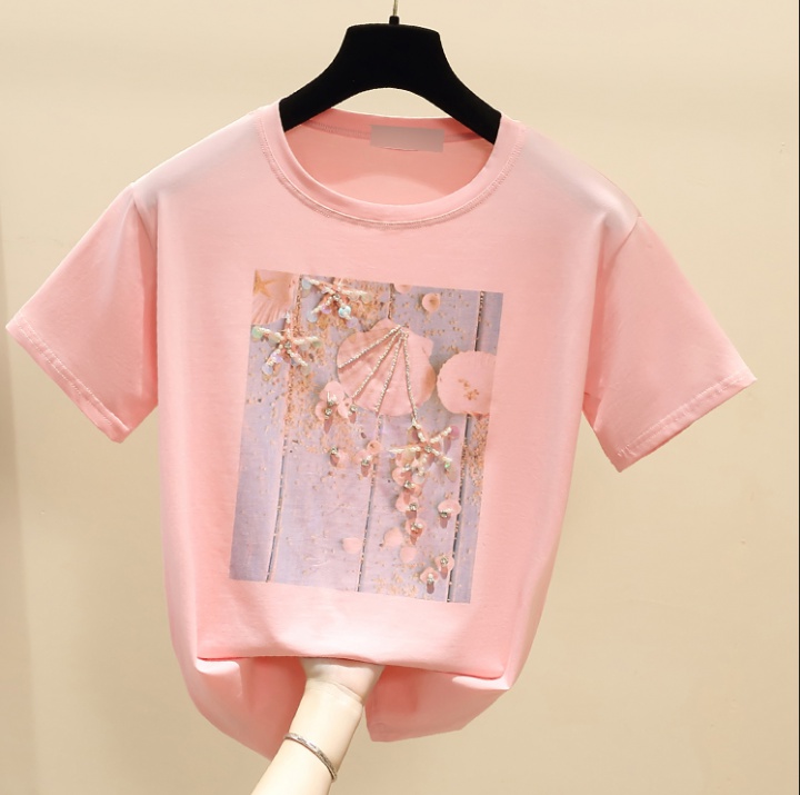 Pure cotton summer tops printing beading T-shirt for women