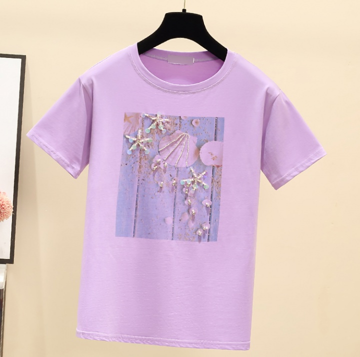 Pure cotton summer tops printing beading T-shirt for women