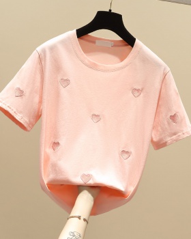 Short sleeve loose summer embroidery heart T-shirt for women