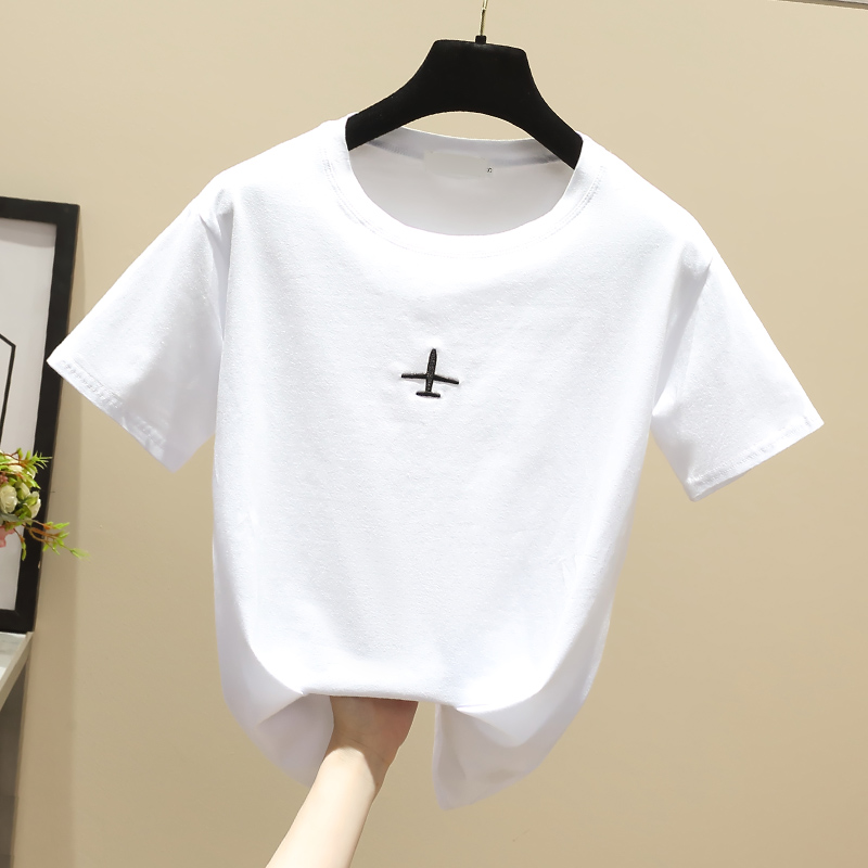 Simple summer loose T-shirt short sleeve embroidery white tops