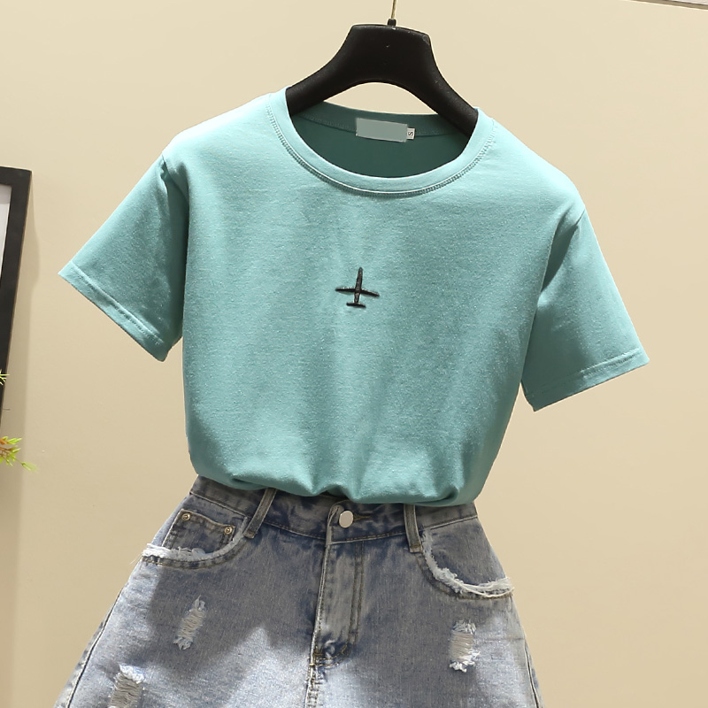 Simple summer loose T-shirt short sleeve embroidery white tops