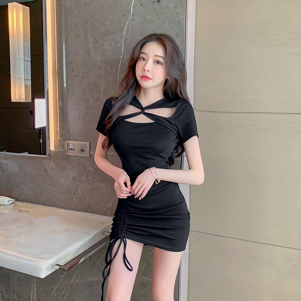 Hollow drawstring high elastic tight pure cotton dress