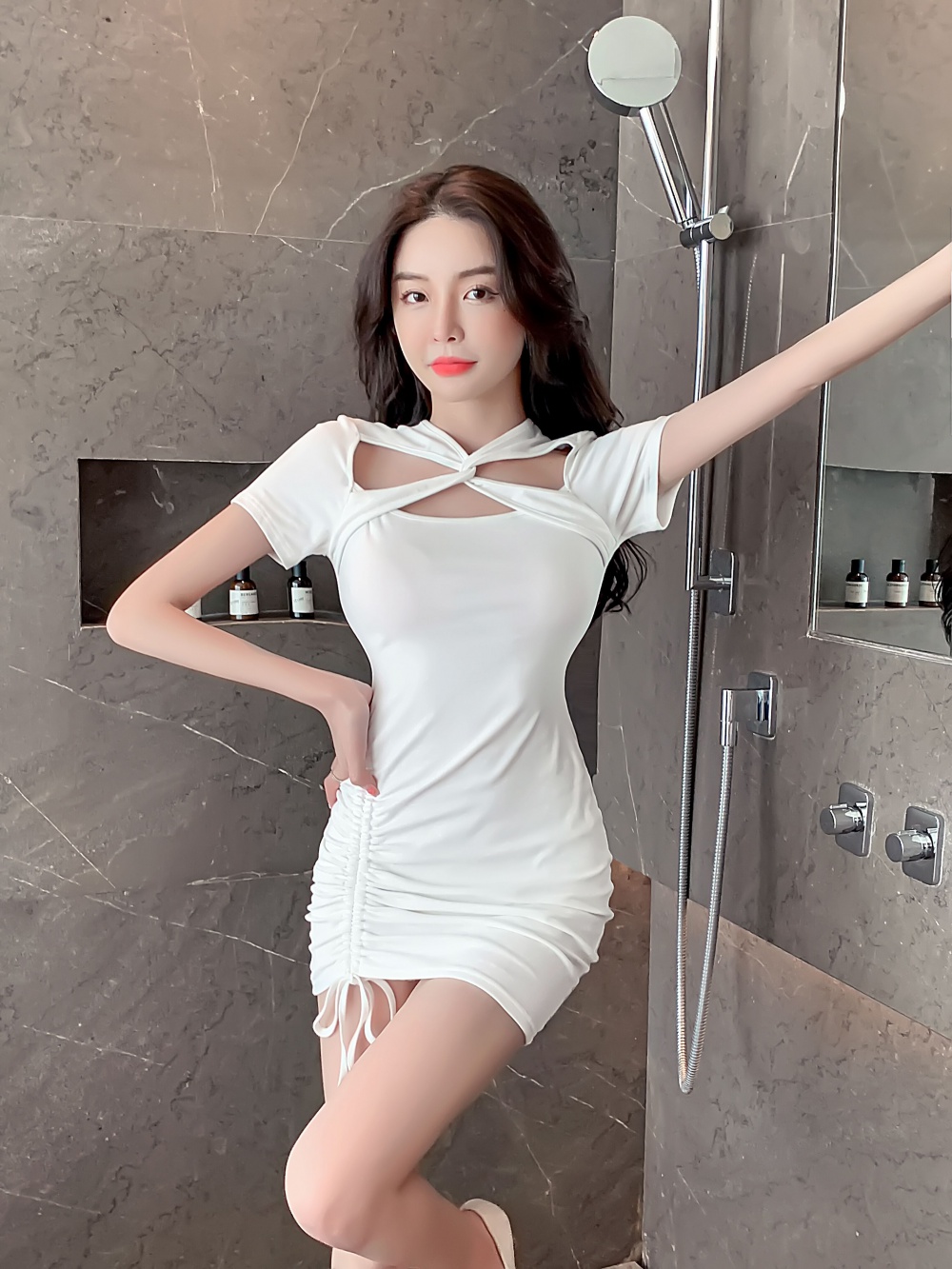 Hollow drawstring high elastic tight pure cotton dress