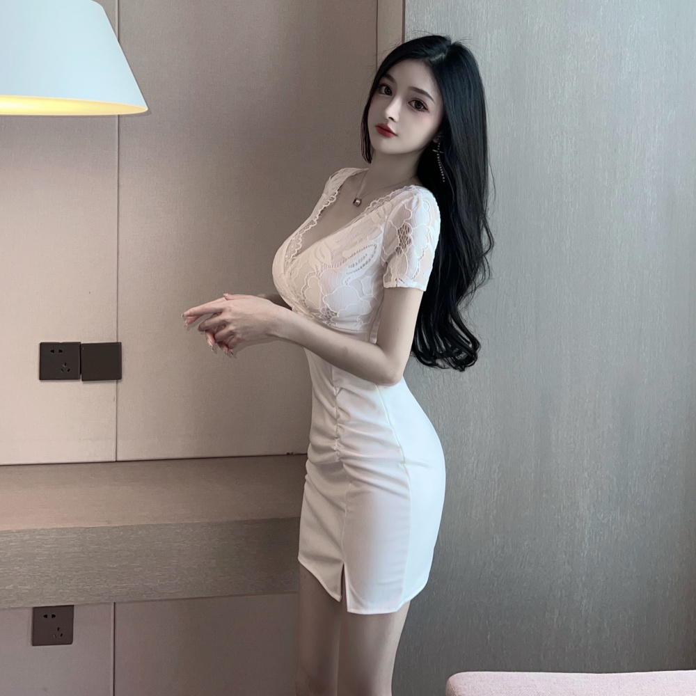 Sexy split wrinkle V-neck small skirt dress